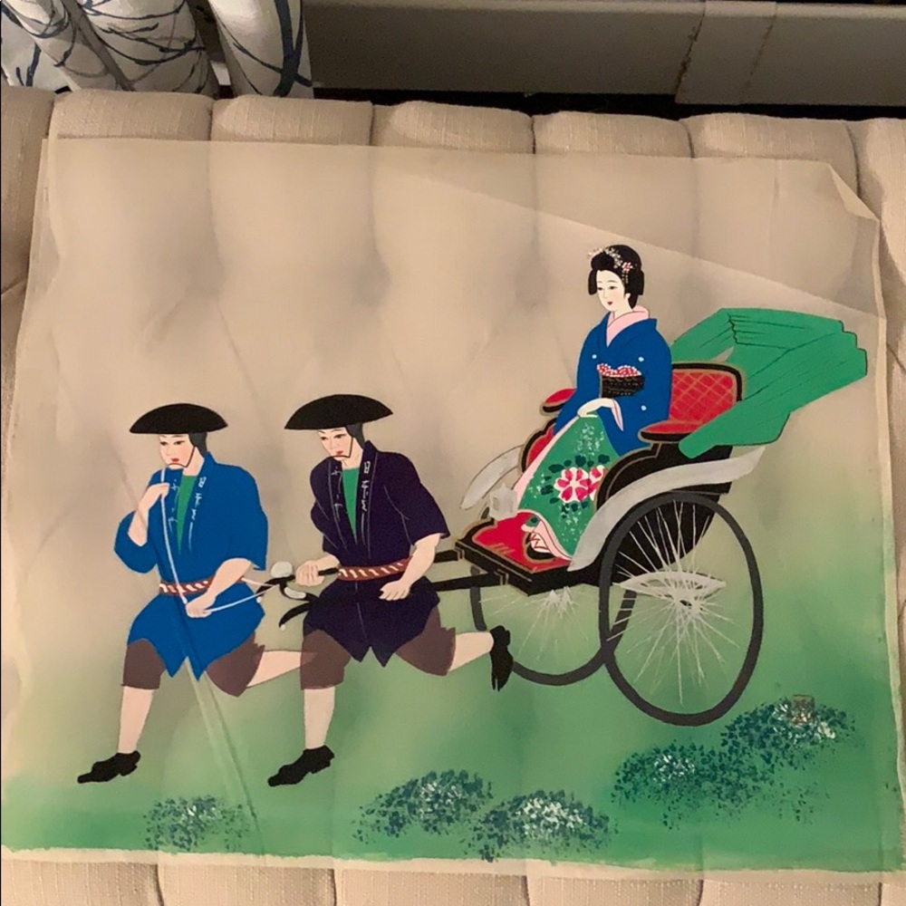 Vintage Japanese rickshaw painting on silk-